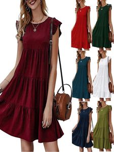 Vestidos casuales 2023 verano mujer corto cuello redondo volante manga alta cintura A-line Mini vestido moda femenina sólido suelto Wiggle