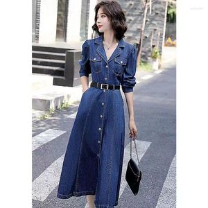 Vestidos casuales 2023 Mujeres Primavera Otoño Vintage Manga larga Jeans Vestido Femenino Turn Down Collar Ladies Denim Vestidos V362