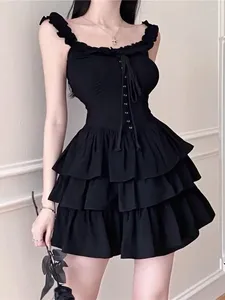 Vestidos casuales 2024 Black Gothic Lolita Kawaii Slip Dress Soft Girl Goth Harajuku Off Hombro Sin espalda Sexy Cosplay Ruffles Party Y2k