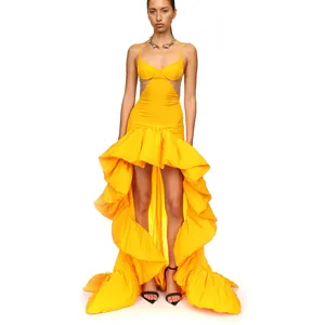 Robes décontractées 2024 Taffeta à volants haut bas robe formelle or jaune bretelles spaghetti bal fête événement gala occasion découpe