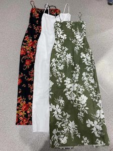 Vestidos casuales 2024 verano de alta calidad mujeres moda lino tres colores x-forma floral impresión sin mangas camisola vestido de media pantorrilla