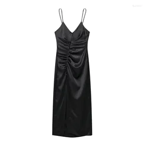 Vestidos casuales 2024 verano sexy chica con cuello en v espalda abierta cintura adelgazante plisado negro vestido de suspensión estilo ropa interior falda larga
