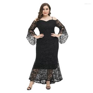 Robes décontractées 95AB Femmes Maxi Robe Crayon Flare 3/4 Manches Épaule Froide Élégante Dentelle Superposition Asymétrique À Volants Ourlet Discothèque Robe De Fête