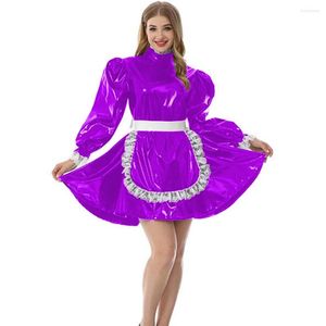 Robes décontractées Adulte Bébé Sissy PVC Verrouillable Lanterne Manches Robe Uniforme Halloween Vinyle Lolita Col Haut Cosplay Costume Crossdress 7XL