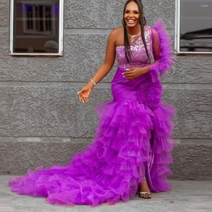 Robes Décontractées Africain Violet Tulle Une Épaule Sirène Robes Floral Appliques Longue Soirée Formelle Sexy Aso Ebi Prom