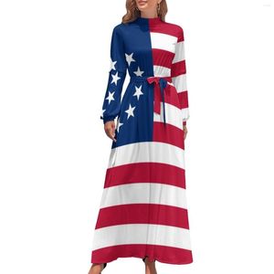 Robes décontractées robe de drapeau américain à manches longues Betsy Ross 13 étoiles et rayures Maxi High Neck Street Fashion Graphic Bohemia