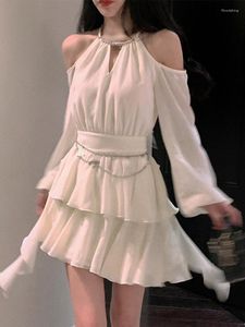 Vestidos casuales Otoño Hada Color puro Vestido de fiesta corto Moda coreana Elegante Mini Mujer Diseño Manga larga Mujer