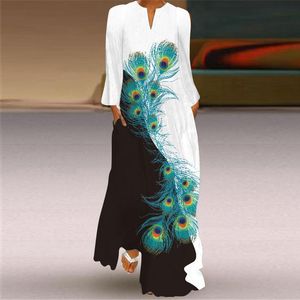 Vestidos casuales Otoño Pavo real Impresión 2021 Mujeres Tallas grandes Manga larga Cuello en V Maxi Dreeses Vestido de fiesta flojo Vestido S-5XL