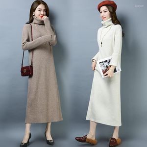 Robes décontractées automne hiver femmes col roulé mode couleur unie pull robe dames longue laine tricoté pulls