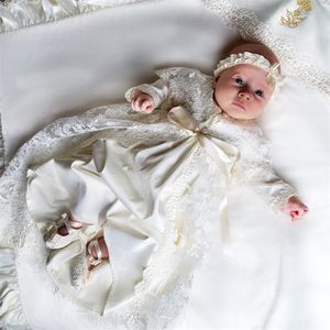 Vestidos casuales Bebé niña Bautizo Mangas largas Hasta el suelo Vestidos de bautismo de encaje con tocado