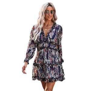 Robes décontractées dos nu dos ouvert en mousseline de soie ceinture Sexy taille haute à manches longues robe florale pour les femmes