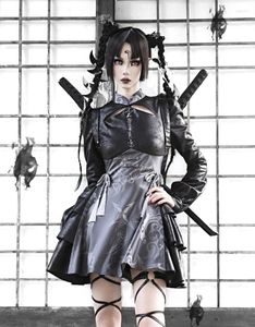 Vestidos casuales Suministro de sangre Diseño gótico original Manga larga de linterna A-line Vestido negro Halloween Jacquard Suede Bordado Primavera