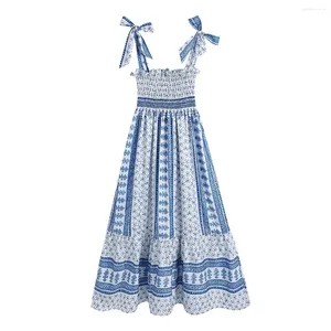 Vestidos casuales Azul Blanco Verano Mujer Moda Estampado floral Elástico Sling Midi Ancho Correas Mujer Vestido sin mangas