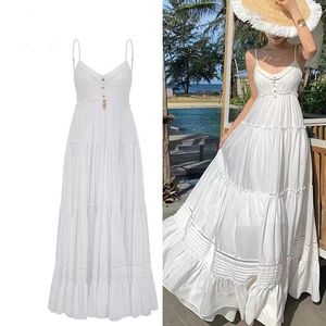 Vestidos informales Bohemian Holiday Beach White Long Dress Elegant Women V Neck Spaghetti Strap Ruffles Hollow Out Chiffon Backless Summer Batter