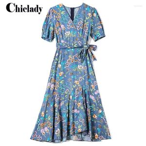 Vestidos casuales CHICLADY de gran tamaño 2XL con cuello en V fajas estampadas florales Midi fiesta informal flor azul gasa Boho Vestido de verano Vestido