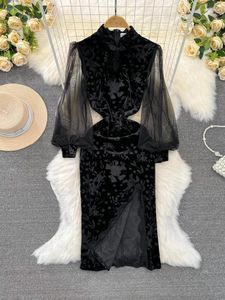 Robes décontractées chinois rétro bodycon robe femme maillage pur lanterne vestidos de mujer stand collier côté fente goutte