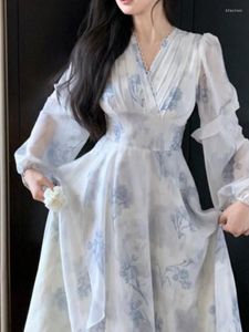 Vestidos casuales estilo chino azul blanco dibujo elegante manga larga impreso vestido de verano Vestidos De Noite