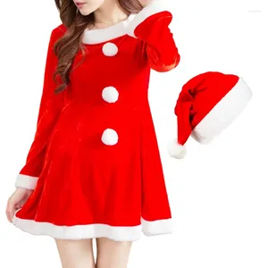 Robes décontractées Costume de Noël pour femmes en peluche boule décor à manches longues col rond robe rouge courte chapeau sac tenue fête cosplay
