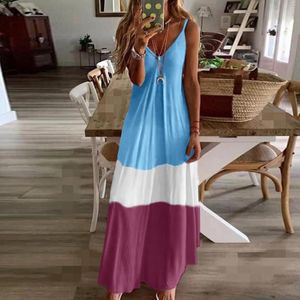 Vestidos casuales Colorblock Sexy Mujeres Robe Long Boho Verano Sin mangas Con cuello en V Suelto Maxi Vestido Plus Tamaño Tanque Mujer