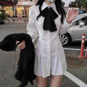 Robes décontractées COZOK/robe chemise blanche femmes Style Preppy plissé Mini haute rue Kawaii nœud mode coréenne à manches longues