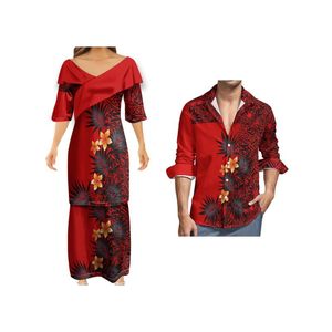 Vestidos casuales Personalizar patrón con cuello en V Puletasi Polinesio Samoano Tradicional Impresión tribal Ropa Iglesia Uniforme Mujeres Parejas DressCa