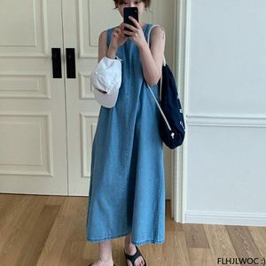 Robes décontractées Denim Design Femme Mignon Doux Corée Chic Style Filles Rétro Vintage Coton Jeans Bleu Noeud Papillon Sans Manches Robe Longue