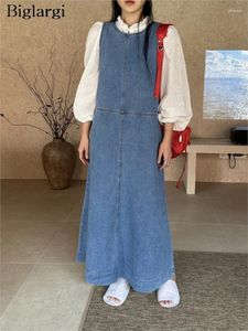 Robes décontractées en denim gilets sans manches d'été robes femmes style coréen lâche plissée dames femme femme longue volant A-line