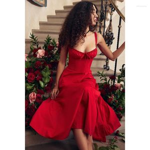 Vestidos casuales Elegante A Line Split Midi Dress Summer Sexy Spaghetti Strap Lace Up Red Holiday Party Night Ropa sólida para mujeres