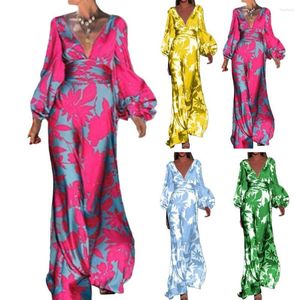 Robes Décontractées Robe Élégante Fleur Imprimé Maxi Avec Manches Lanterne Col En V Taille Haute Bal Banquet Cocktail Tenue Femmes