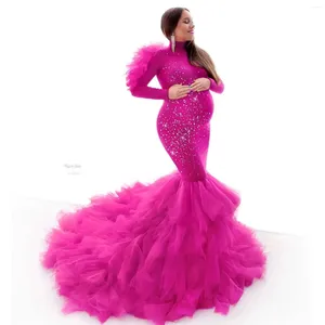 Vestidos casuales elegante rosa sirena maternidad para mujeres embarazadas brillo lentejuelas con volantes tul vestido único poshoot