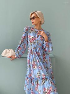 Robes décontractées Élégant plissé à manches longues en mousseline de soie soirée femmes rose bleu noir blanc floral plage maxi robe d'été 2024