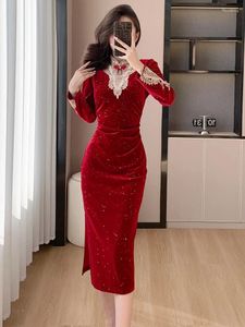 Vestidos casuales elegante rojo negro fiesta terciopelo bodycon vestido de mujer mandarín collar bordado dorado vestidos femenino shinny cheongsam