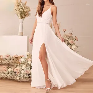 Vestidos casuales elegante vestido de fiesta sin mangas 2024 falda larga de verano color sólido gasa tirantes corte cola boda