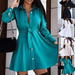 Robes décontractées Élégant Blanc Mini Chemise Robe Femme Automne Manches Longues Bureau Dames Ceinture Bouton Noir À Lacets A-ligne Robe Femme