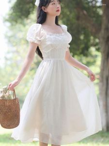 Vestidos casuales Elegante vestido de novia blanco Mujeres Puff Manga Gasa Vacaciones Playa Señora Cuello cuadrado Dulce Francia Fiesta de una pieza