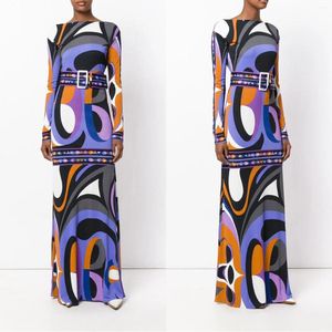 Vestidos casuales Fahion Designer Luxury Maxi Vestido de manga larga para mujer Geometría púrpura Estampado elástico Jersey Seda Spandex