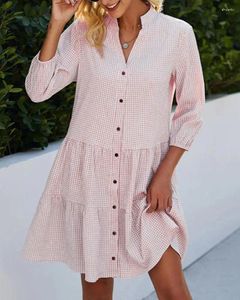 Robes décontractées de mode couche couche vintage plaid à carreaux à carreaux de soleil chéri des femmes vacances à demi-manches vestido de chemise d'automne robe bleu rose