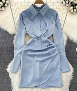 Robes décontractées Mode Bureau Lady Commuter OL Style professionnel Robe à manches longues Femme Polo Cou Taille Wrap Fold A-Line Chemise