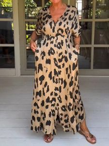 Vestidos casuales Moda Mujer con cuello en V Botón Dividido Vestido de cintura alta Suelto Relajado Manga raglán Estampado de leopardo Conjunto de oficina