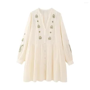 Vestidos casuales Floral bordado verde beige mini vestido de mujer blanco 2023 verano elegante bastante suelto moda manga larga moda coreana