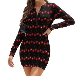 Vestidos casuales fruta fresca impresión bodycon vestido vacaciones rojo cerezas dulces elegantes mujeres manga larga patrón básico tamaño grande