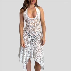 Robes Décontractées Gaono Femmes Y2K Halter Neck Lace See Through Dress Sans Manches Dos Nu Low Cut Floral Ourlet Asymétrique Split