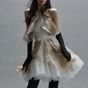Robes décontractées Hakter mousseline de soie mini robe volants blanc femme été 2024 couches femmes vêtements dernière mode satin avec fermeture à glissière