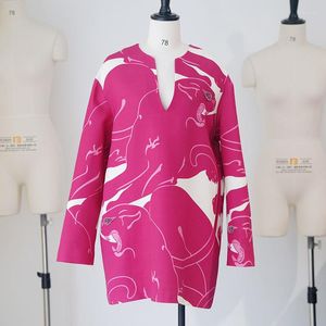 Robes décontractées Haute Qualité Léopard Strass Laine Robe En Soie Femmes 23 Début Automne Manches Longues Col En V Imprimé Haut De Gamme Exquis