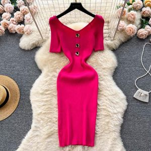 Vestidos casuales Vestido midi de punto vintage de verano de alta calidad para mujeres con cuello en v manga túnica cintura encaje 111812