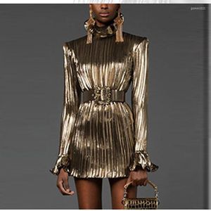 Vestidos casuales HIGH STREET Est Fashion 2023 Runway Designer Women's Sparkle Gold manga larga con cinturón vestido de fiesta plisado