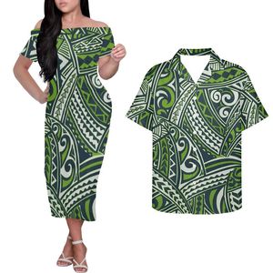 Robes décontractées HYCOOL personnalisé conception tribale polynésienne robe verte en gros hors épaule pour les femmes fête mode Couple tenues assorties