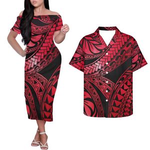 Robes décontractées HYCOOL Tribal imprimé épaules nues Samoan tatouages robe rouge élégant moulante polynésien été pour les femmes 2021