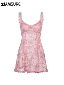 Robes décontractées IAMSURE Sweet Cute Lace Cami Dress See Through Sexy Slim sans manches à volants Bow A-Line Mini pour les femmes Summer Spring Lady 230131