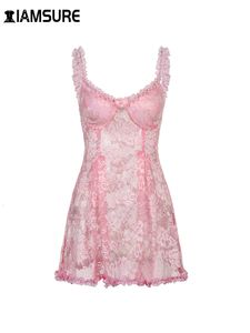 Vestidos casuales IAMSURE Sweet Cute Lace Cami Dress See Through Sexy Slim sin mangas con volantes Bow A-Line Mini vestidos para mujer Summer Spring Lady 230313